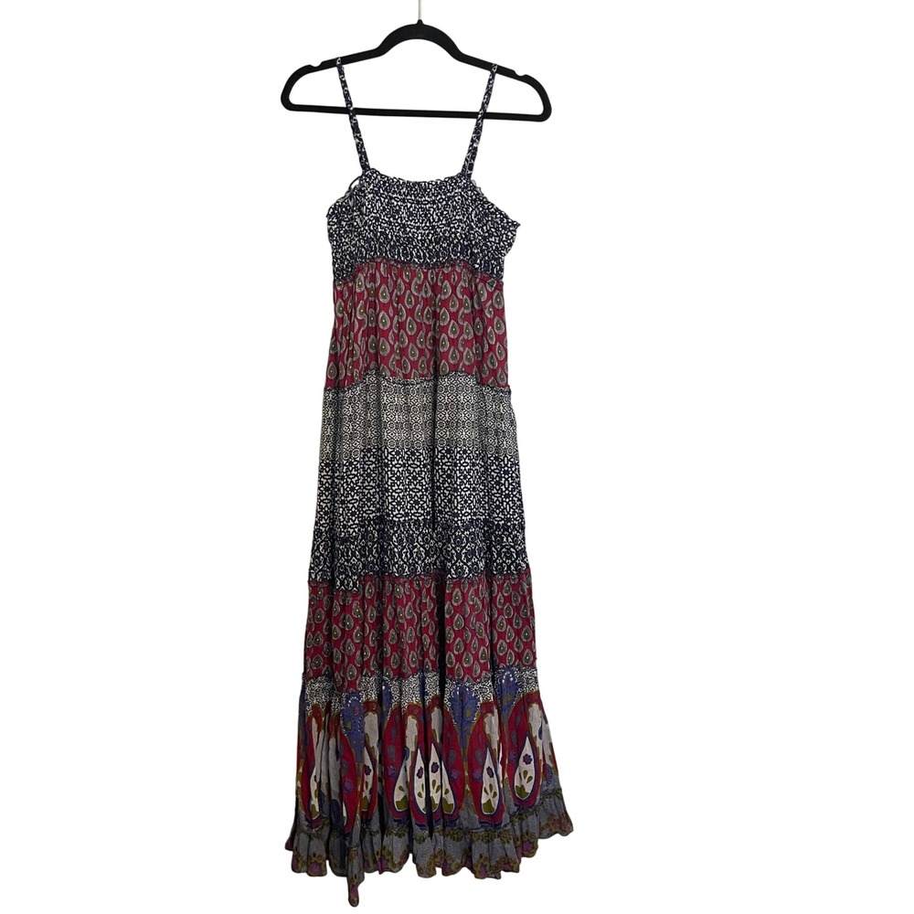 Cache Womens Small Cotton Paisley Mixed Print Smocked Tiered Maxi Dress Navy Red